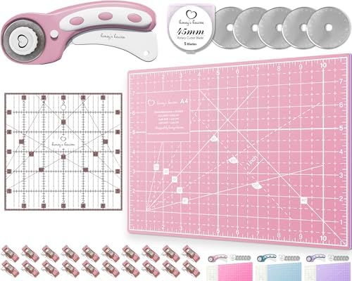 Rotary Cutter Set - Quilting Kit incl. 45mm Fabric Cutter, 5 Replacement Blades, A4 Cutting Mat, Acrylic Ruler and Craft Clips - Ideal for Crafting, Sewing, Patchworking, Crochet & Knitting (Pink, A4)