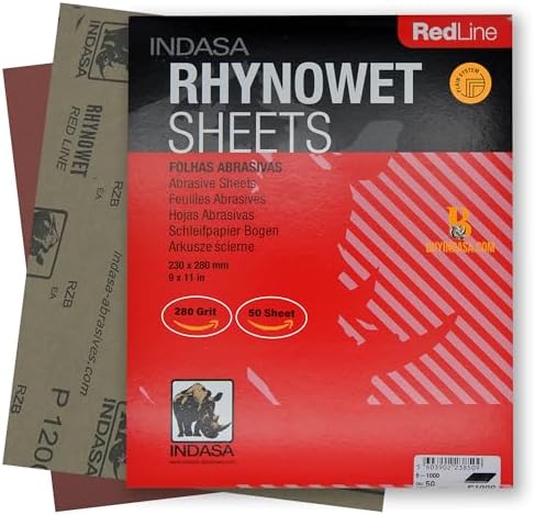 Indasa 50 PCS Redline Full Sheets 9"x11" Wet & Dry Sanding Sheets Series 6 – Rhynowet – 280-Grit – Waterproof Latex Backing