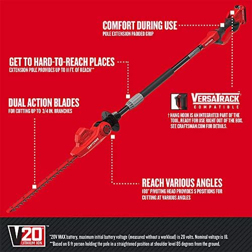 CRAFTSMAN V20 Pole Hedge Trimmer Cordless, 18-Inch, Battery and Charger Included Hedge Trimmer with Extension Pole, Up to 11 Ft Extended Reach (CMCPHT818D1)