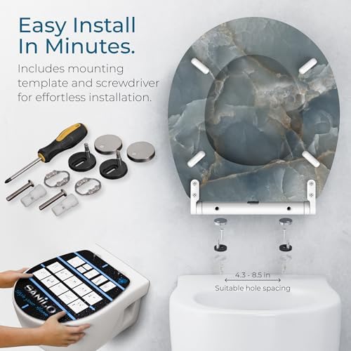 Sanilo Wooden Toilet Seat with Quick Release & Soft Close [ROUND] - Decorative & Slow Close Molded Wood Seat - With One Click for Easy Installation & Cleaning - With Adjustable Fit (Marble Italia)