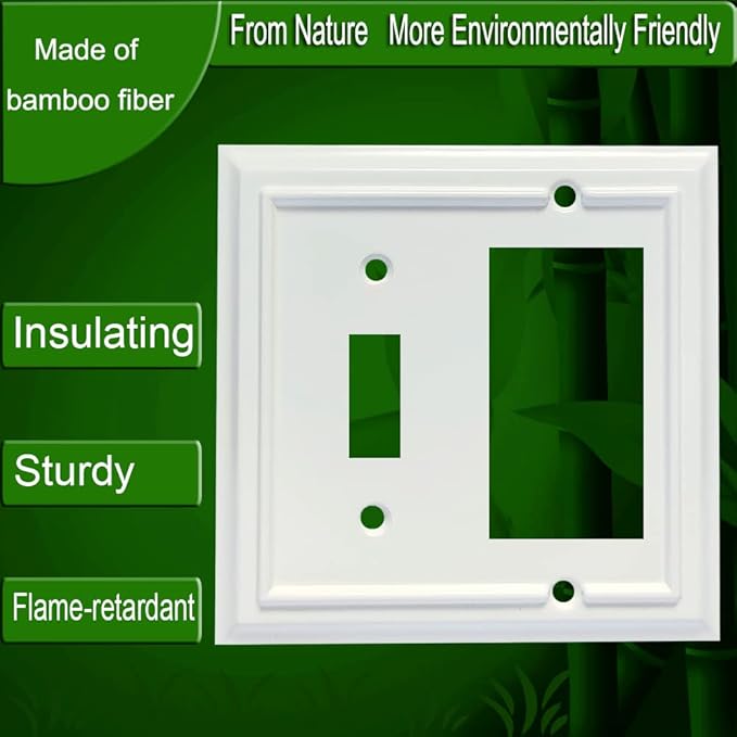 Wall Plates, Decorator/Toggle Switch Plate Combination, Outlet Covers,Bamboo Fiber Material Wall Plate, Standard Size Wall Plates of various styles, White (2 Gang Toggle/Decorator 2 Pack)