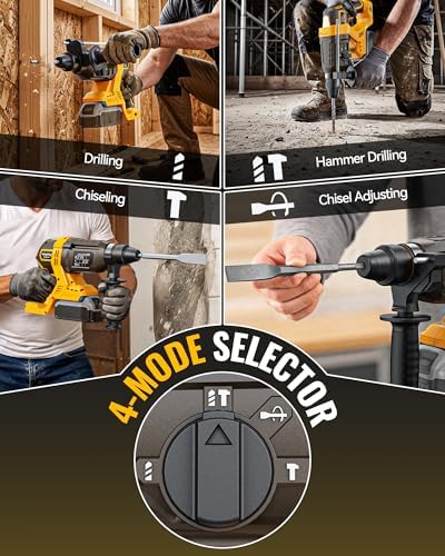 MtiolHig 1" SDS-Plus Cordless Rotary Hammer Drill Compatible with DEWALT 20V Battery, 3J Impact Energy Brushless Motor, 7-Speed Variable 4-Mode with 5 Chisel/Bit Set for Concrete/Masonry, Tool Only
