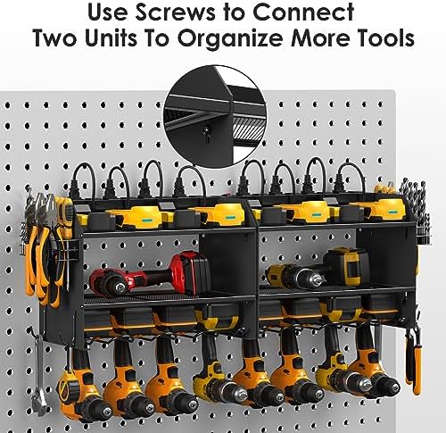 CCCEI Modular Power Tool Organizer Wall Mount Charging Station, Black 6 Drills Holder with 8 Plug Power Strip 10FT, Garage Drill Battery Heavy Duty Metal Shelf, Utility Rack with Hooks, Side Storage.