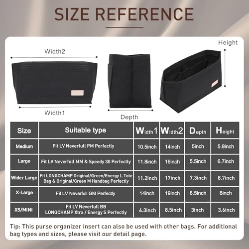 Doxo Purse Organizer Insert for Handbags & Base Shaper 2pc Set, Felt Neverfull MM Organizer Insert, Tote Bag Organizer with Zipper Pocket and Bottle Holder, Fit Speedy 30 Neverfull MM and More,Black-L