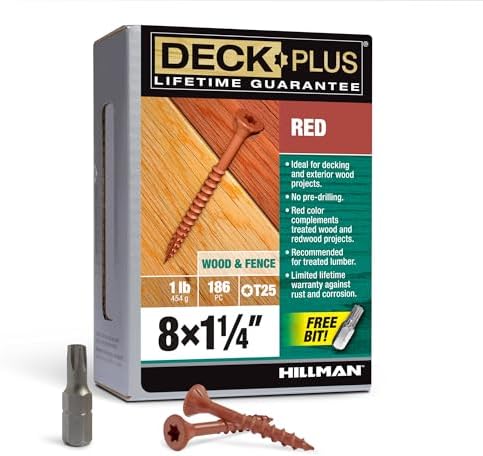Deck Plus 1-1/4 Inch Epoxy Coated Exterior Wood and Fence Screws #8 x 1-1/4" Torx/Star Drive Included Coarse Thread, Outdoor Rust Resistant Decking Screw, Red, 1lb Box, 186 Pieces | 48424