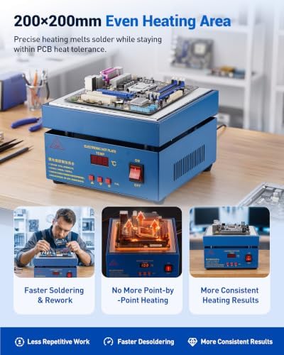 Soldering Hot Plate, PCB Preheater Rework Station with Digital Temperature Control, 200×200mm Heating Area for Multi-Point Heating, Electronics Repair, SMD Soldering, PCB Rework DIY 220V 850W