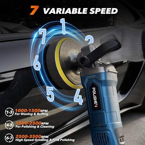 Buffer Polisher, 6 Inch/7 Inch 1600W Rotary Car Buffer Polisher Waxer, 7 Variable Speed 1000-3500 RPM, Detachable Handle for Car, Polishing, Waxing