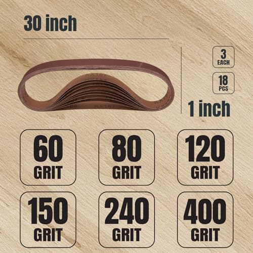 POWERTEC 1x30 Sanding Belts, 18PK, 3 Each of 60/80/120/150/240/400 Grits, 1 x 30 Inch Aluminum Oxide Sanding Belts for Belt Grinder, Belt and Disc Sander, Knife Sharpening, Woodworking (11127-1)