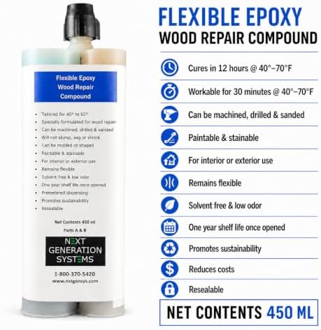 Flexible Epoxy Wood Filler & Putty, 450ml Dual Cartridge, Cold