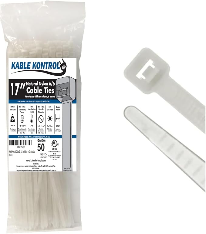 Kable Kontrol Cable Zip Ties, 17 Inch 50 Pcs, HD 175lbs Test, Natural White | Nylon Plastic, Self Locking, UL Listed, Indoor Use