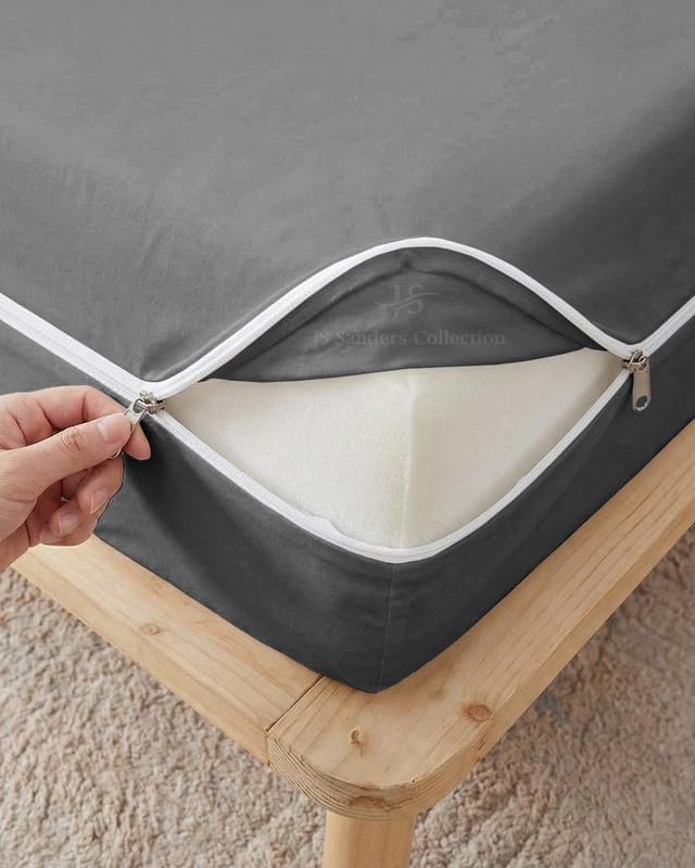 JS Sanders Zippered Mattress Protector Twin Size – Soft 100% Egyptian Cotton, 600 Thread Count Deep Pocket Fitted Sheet Encasement Cover for Bed Breathable, 12-16 Inch Fit, Dark Grey 39x75