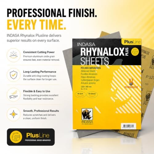 Indasa 50 PCS 9x11 Sandpaper - Dry Sanding Sheets, 40 Grit, Rhynalox Plusline Professional-Grade Abrasive for Wood, Metal, Automotive, and Paint Finishing - Durable, Clog-Resistant Sand Paper