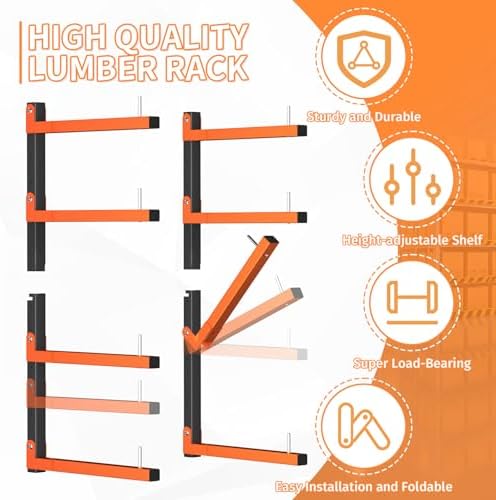 4 Pack Lumber Storage Rack, Wall Mount Foldable & Adjustable Lumber Rack with 8-Level Holds Up 1040 Lbs, Heavy Duty Metal Garage Wood Rack for Workshop, Basement, Indoor and Outdoor