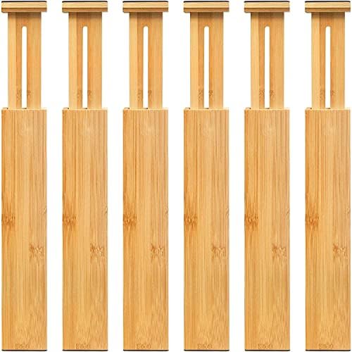 VaeFae 6-Pack Adjustable Bamboo Drawer Dividers, Expandable Drawer Organizer for Kitchen Utensils, Clothes, Bathroom, Office – Fits Drawer Interiors 16.6" to 21.8"