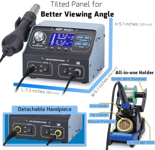 WEP 992D+ 2-in-1 Soldering Iron Kit and Hot Air Rework Station with 3 Preset Channels, LCD Display, Interchangeable Handles, Sleep Mode, X-2 Iron Holder, 5 Iron Tips, Desoldering Pump and Tweezers