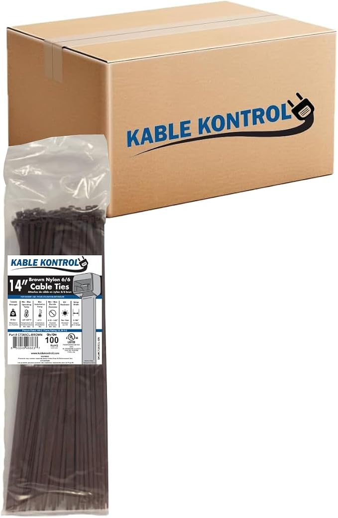 Kable Kontrol Cable Zip Ties, 14 Inch, 6000 Pcs, 50lbs Test, Brown | Nylon Plastic, Self Locking, UL Listed, Indoor Use
