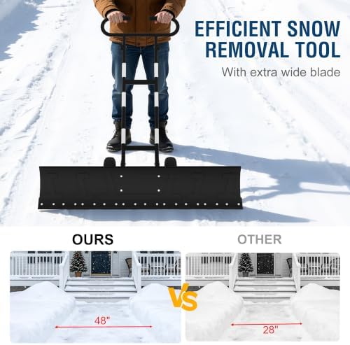 48-Inch Wheeled Snow Shovel, Galvanized Steel Snow Pusher with Wheels
