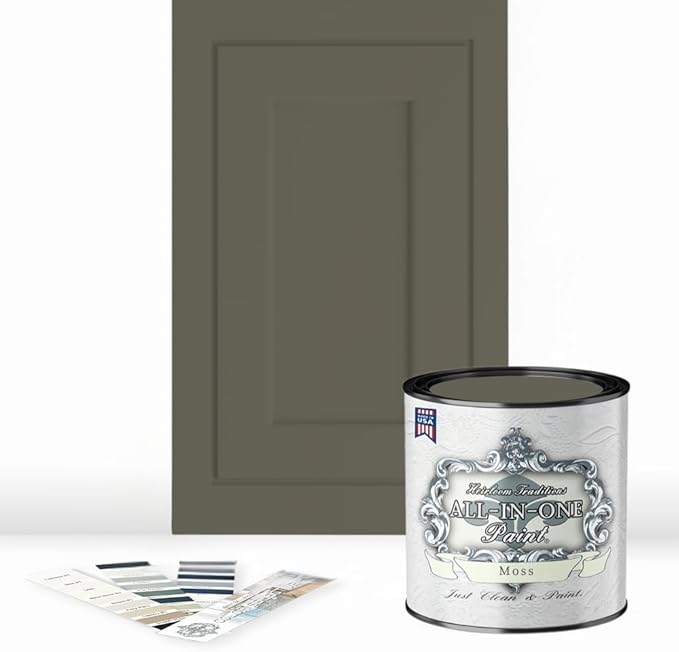 ALL-IN-ONE Paint by Heirloom Traditions, Moss (Earthy Olive Green), Quart - Durable cabinet and furniture paint. Built in primer and top coat, no sanding needed. Includes our 30 featured color card.
