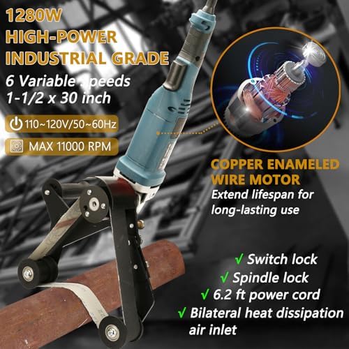 Pipe Belt Sander - 1280W Industrial Grade Pipe Tube Polishing Sandingwith 6 Variable Speeds,Suitable for Polishing Various Circular Pipe Materials,Woodworking and Metal Rust Removal(45Pcs Belts).