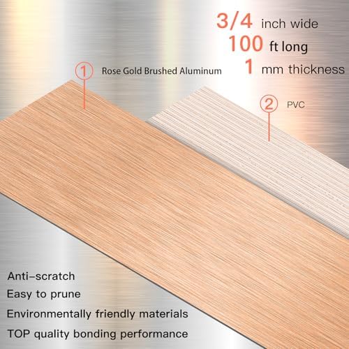 GSCIT Club Rose Gold Edge Banding, 3/4 Inch x 100ft Aluminum Brushed Edge Banding PVC Edge Trim for Cabinet Repair Furniture