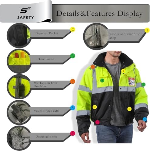 sesafety Reflective Jacket for Men, High Visibility Jackets, Safety Jackets for Men, Hi Vis Construction Bomber Jackets Waterproof with Pockets and Zipper, Black Bottom, Class 3 (Pack of 2)