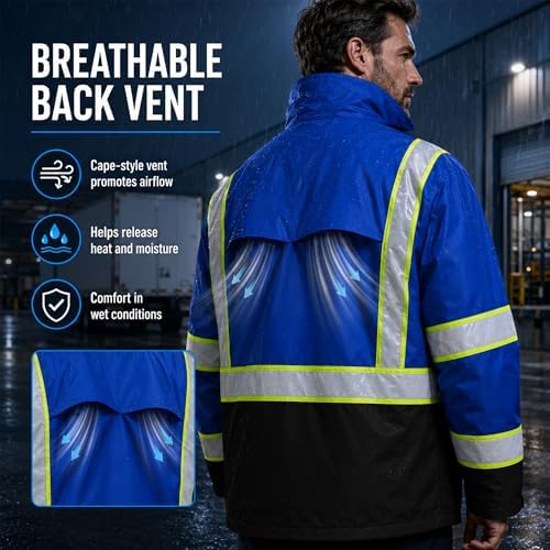 Rain Suits for Men Waterproof Reflective High Visibility Rain Gear Mens Heavy Duty, Hi Vis Rain Jacket & Pants with Black Bottom Class 3 ANSI/ISEA Compliant, Blue L/XL