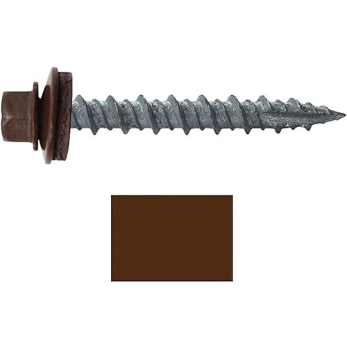 10 x 1-1/2" Brown Metal Roofing Screws - Hex Washer Head- Self-Starting/Tapping - EPDM Washer. 1 x 250 Count Bag - 250 Screws