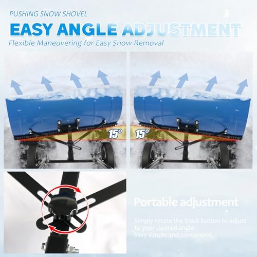Snow Shovel Pusher, 29.13-inch Metal Snow Pusher with Wheels for Driveway, Adjustable Angle and Height Snow Pusher Shovel for Sidewalks, or Parking Lots