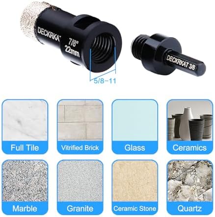 Diamond Core Drill Bit Vacuum Brazed 7/8" 22mm Diamond Hole Saw with Flutes for Granite Quartz Hard Porcelain Tile with 5/8-11 Female Thread & 3/8" Hex Shank Adapter Fit Angle Grinders & Drills