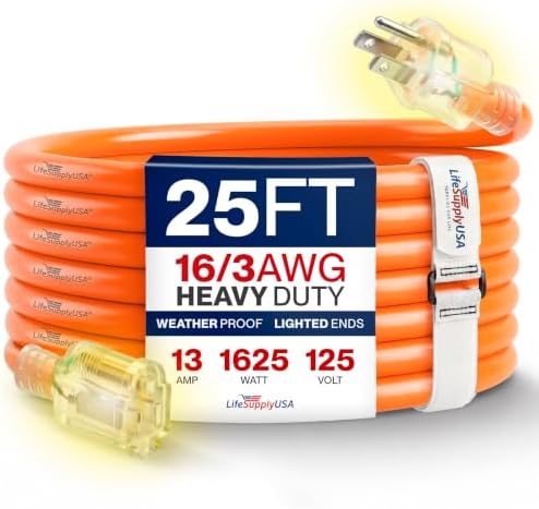 25ft Outdoor/Indoor Extension Cord 16/3 Gauge Heavy Duty 3 Prong SJTW, Waterproof, Flexible Cold-Resistant Long Power Cord,13A 125V 1625W, Orange by LifeSupplyUSA