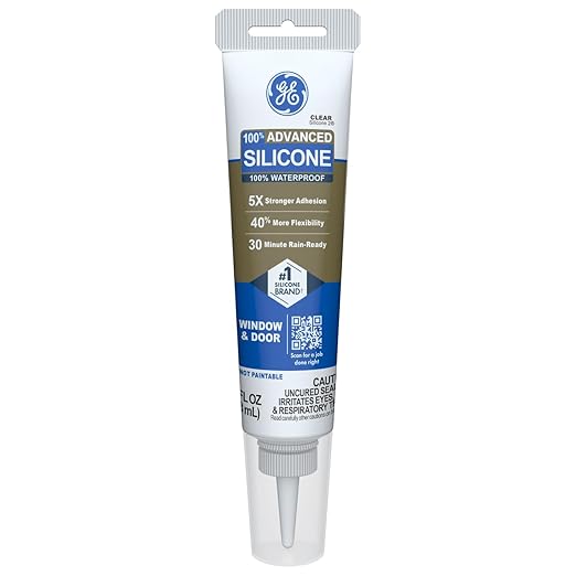 GE Advanced Silicone Caulk for Window & Door, Clear, 2.8 fl oz Tube, 1 Pack - 100% Waterproof Silicone Sealant, 5X Stronger Adhesion, Freeze & Sun Proof