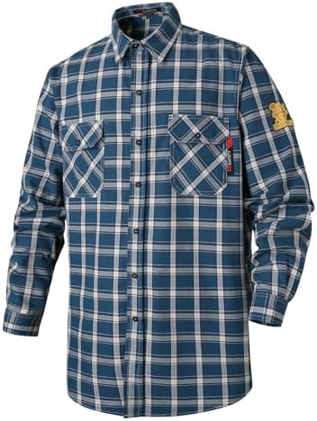 FR Shirts for Men 7oz Fire Resistant Shirts CAT2 Welding Shirt 100% Cotton Flame Resistant Shirt Blue/Plaid(Medium)