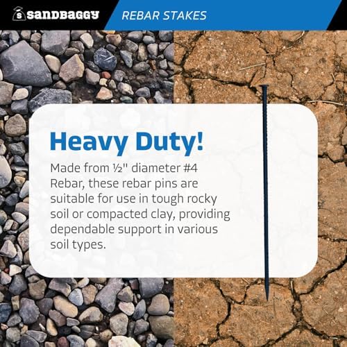 Sandbaggy 24" Steel Rebar Stakes with Nail Head - Garden Stakes (#4 Rebar - 1/2" Diameter) - l-Shape - Ground Stake, Pins, Landscaping Spikes, Construction (5, Count)