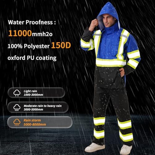 Hi Vis Safety rain Jacket，Reflective Class 3 Rain coat with Inner Mesh Lining and Pockets High Visibility Waterproof work Rain Suits for men&women（Blue,4XL/5XL）