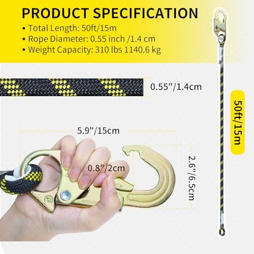 50FT Rope Harness Safety Lanyard, Roofing Fall Protection Rope