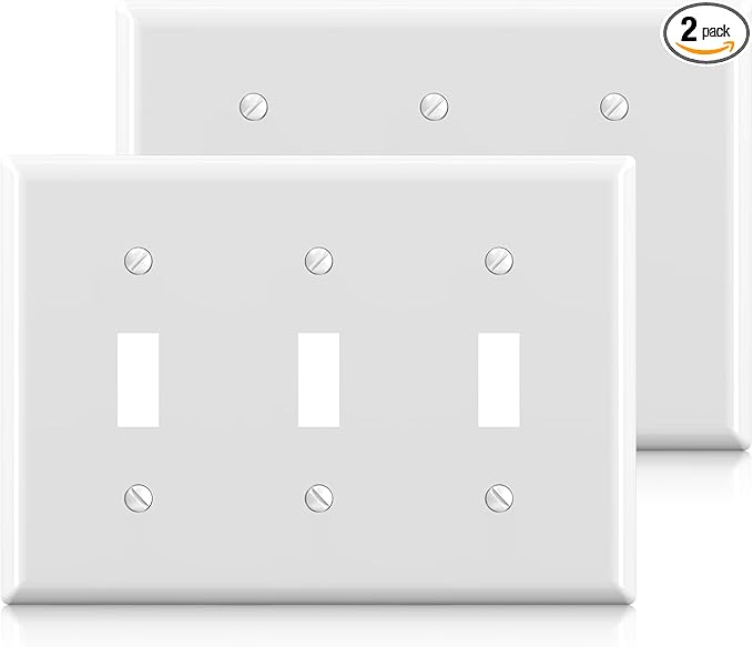 ELEGRP 3-Gang Toggle Switch Wall Plates, Standard Size 4.53" H x 6.39" L Thermoplastic Faceplate Cover for Toggle Dimmer Light Switches, UL Listed (2 Pack, Glossy White)