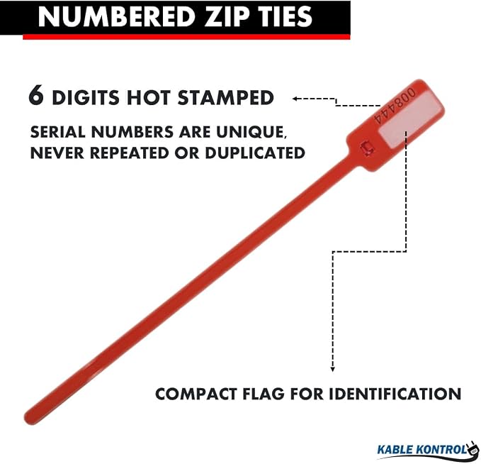 Kable Kontrol Serialized Write-On Flag Zip Ties, 6 Inch 100 Pcs – Red | Numbered Cable Ties with Narrow Flag Writable ID Tag Nylon Self-Locking Wire Marker Labels & Tie Straps