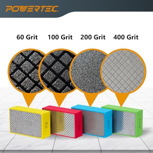 POWERTEC Diamond Hand Polishing Pads Assorted 60/100/ 200/400 Grits 4 Pack, Diamond Sanding Block for Polishing and Grinding Porcelain, Ceramic Tile, Glass, Granite, Stone, Wood & Metal (71907V)