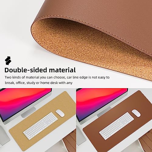 AFIING Leather Desk Pad Protector, Large Desk Mat with Natural Cork & PU Leather, Mouse Pad, Non-Slip Waterproof Desk Writing Pad for Office and Home (Brown)