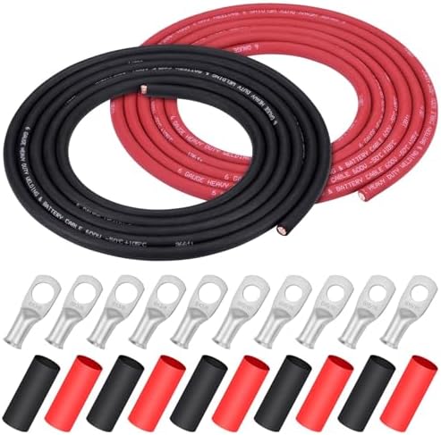iGreely 6 Gauge 6 AWG Wire 10 Feet Black + 10 Feet Red Ultra Flexible Welding Battery Pure Copper Cable + 5pcs of 5/16" & 5pcs 3/8" Copper Cable Lug Terminal Connectors+Heat Shrink Tubing