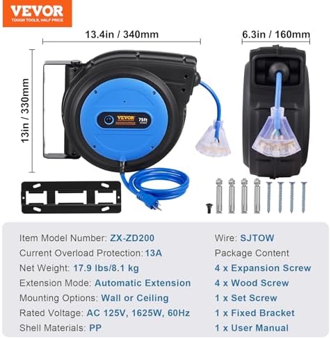 VEVOR Retractable Extension Cord Reel 75FT Heavy Duty 14AWG/3C SJTOW Blue