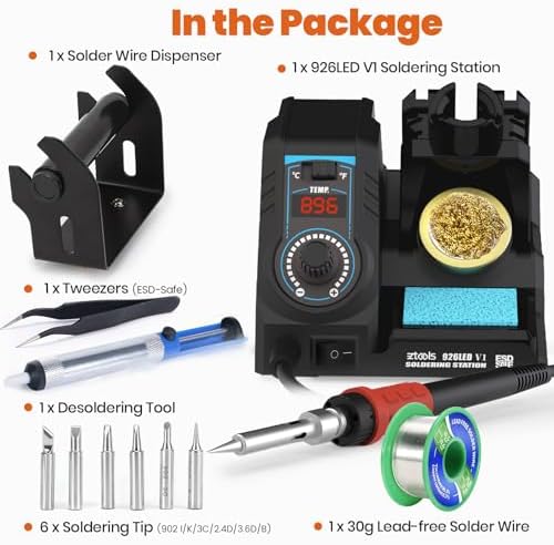 926LED V1 110W High-Power Soldering Station Iron Kit in Black with Temperature Control includes Lead-Free Solder, 6 Soldering Tips, ESD-Safe Tweezers, Solder Wire Dispenser, Tip Cleaner