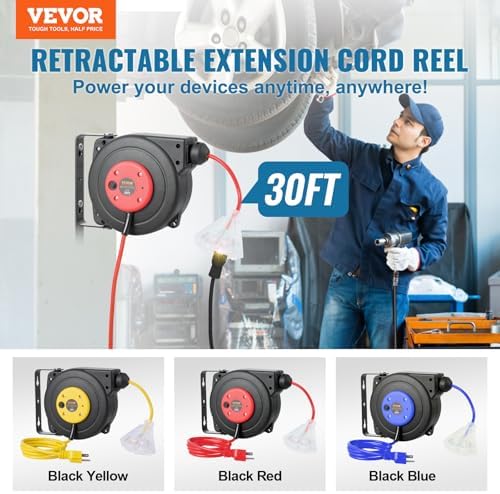 VEVOR Retractable Extension Cord Reel, 30 FT, Heavy Duty 16AWG/3C SJTOW Retractable Power Cord Reel with Lighted Triple Tap Outlet 10 Amp Circuit Breaker 4.5FT Lead-in Cord, for Ceiling or Wall Mount