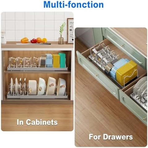 Mustorn Pots and Pans Organizer Under Cabinet, 22" Expandable Food Storage Container Lid Organizers with 9 Adjustable Dividers Pot and Pan Lid Holders Rack Inside Cabinet/Countertop(1 Pack, Gray)