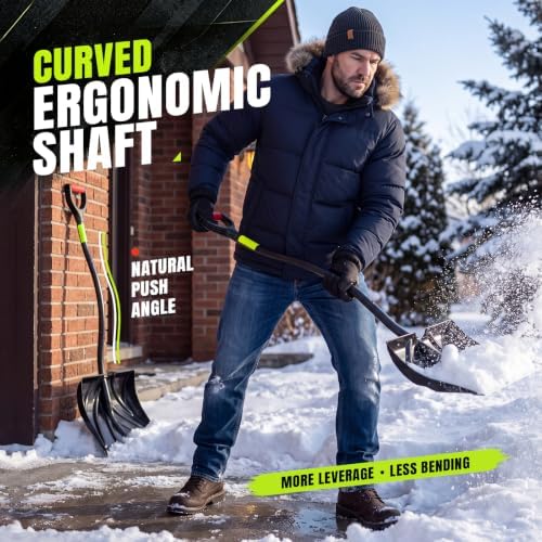 Heavy Duty Snow Shovel, Extra Wide Snow Shovel for Driveway, Sidewalk, Patio, Deck & Doorway Snow Removal, Ergonomic Back Saver Snow Plow with Steel Blade, Non-Slip Grip Handle