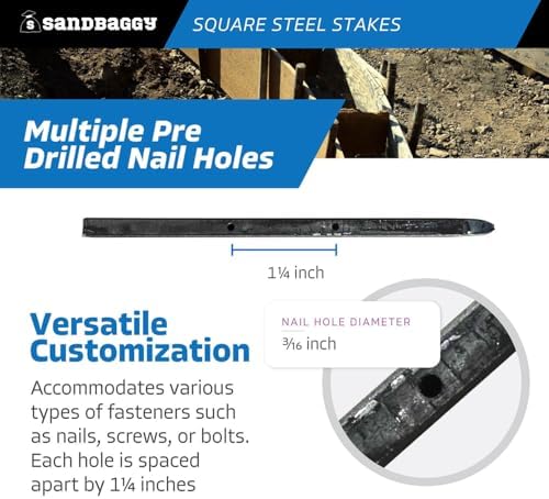 Sandbaggy 36" Square Steel Concrete Form Stakes with Nail Holes - 5/8" Wide - Rust Resistant Coating - Removable, Reusable - Construction Grade Stakes (10, 36 inch)