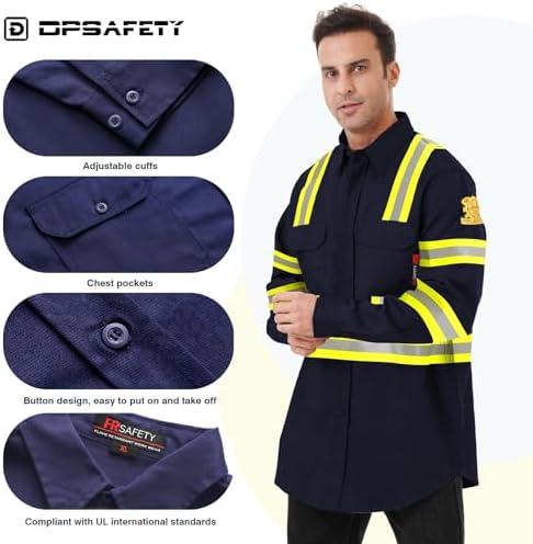 FR Shirts for Men 7oz High Visibility Fire Resistant Shirts CAT2 Welding Shirt 100% Cotton Hi Vis Flame Resistant Shirt Navy(Large)