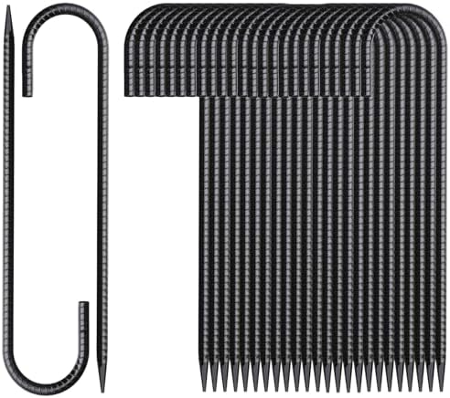 16 Inch Rebar Stakes J Hook 26 Pack Ground Stakes Heavy Duty Tent Stakes with Chisel Point End Chain Link Fence Stakes Galvanized Steel Ground Anchors Metal Spikes Black Coated