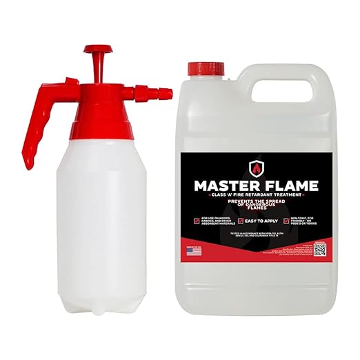 Master Flame Class A Fire Retardant Spray for Wood, Fabric, & More - Non-Toxic Flame Retardant Coating - Meets NFPA 701 & ASTM E84 - Made in USA - Easy to Apply and Dries Clear - Gallon & Pump Sprayer