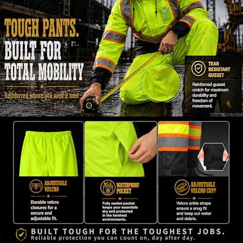 Rain Suits for Men Waterproof Reflective High Visibility Rain Gear Mens Heavy Duty, Hi Vis Rain Jacket & Pants with Black Bottom Class 3 ANSI/ISEA Compliant, Yellow Black L/XL